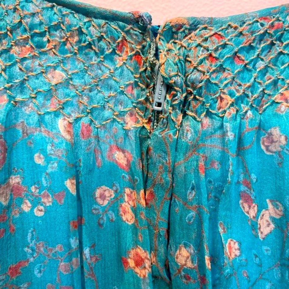TREACY LOWE LONDON vintage 70s BLUE silk smocked peasant DRESS BOHO chic LARGE - Picture 4 of 9